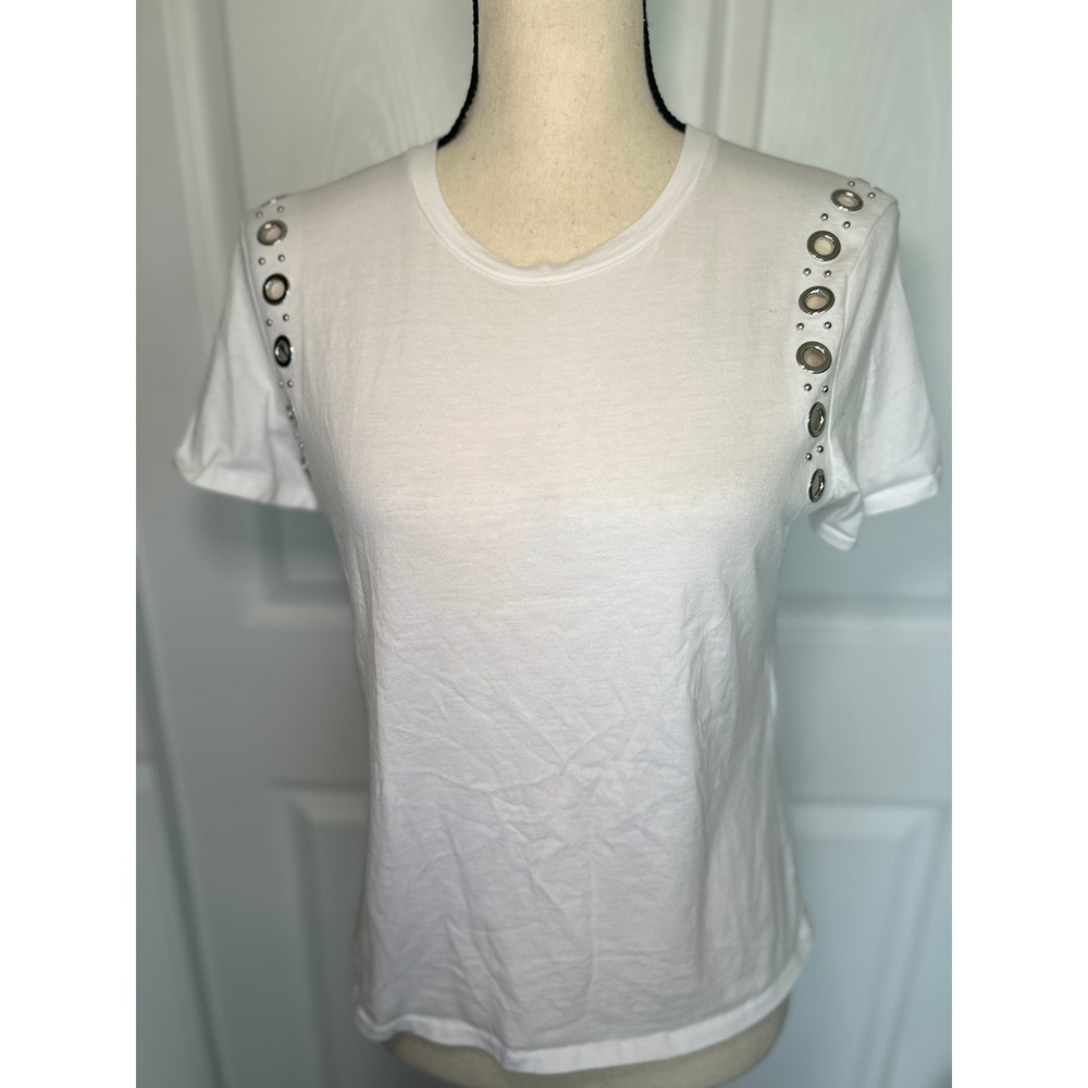 Maje T-Shirt Studded Grommet‎ Shoulder Size S White Cotton Short Sleeve Tee